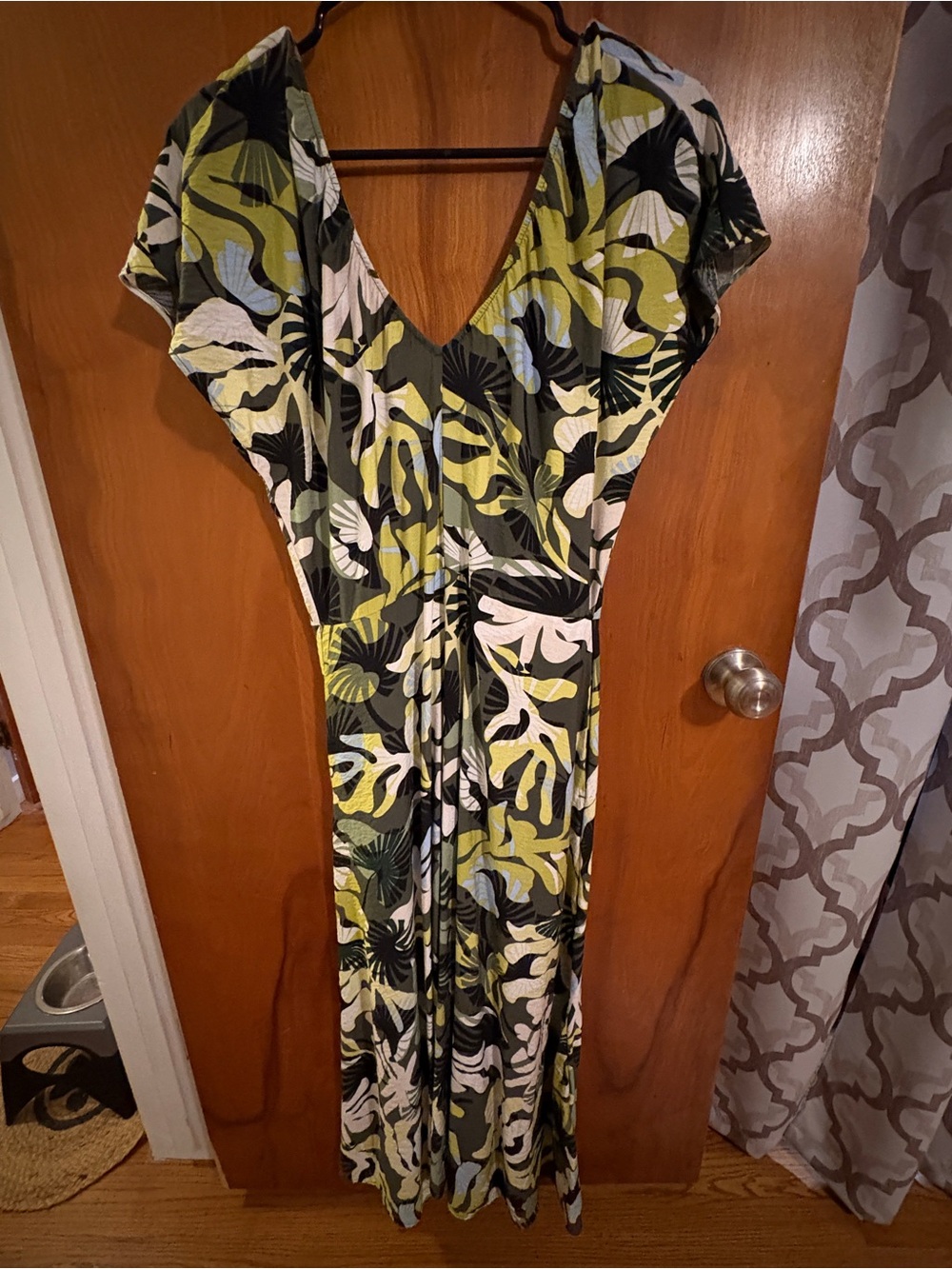 V-Neck Midi Dress in Olive Green & Black Tropical Print